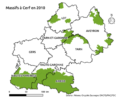 Répartition du Cerf élaphe en Midi-Pyrénées